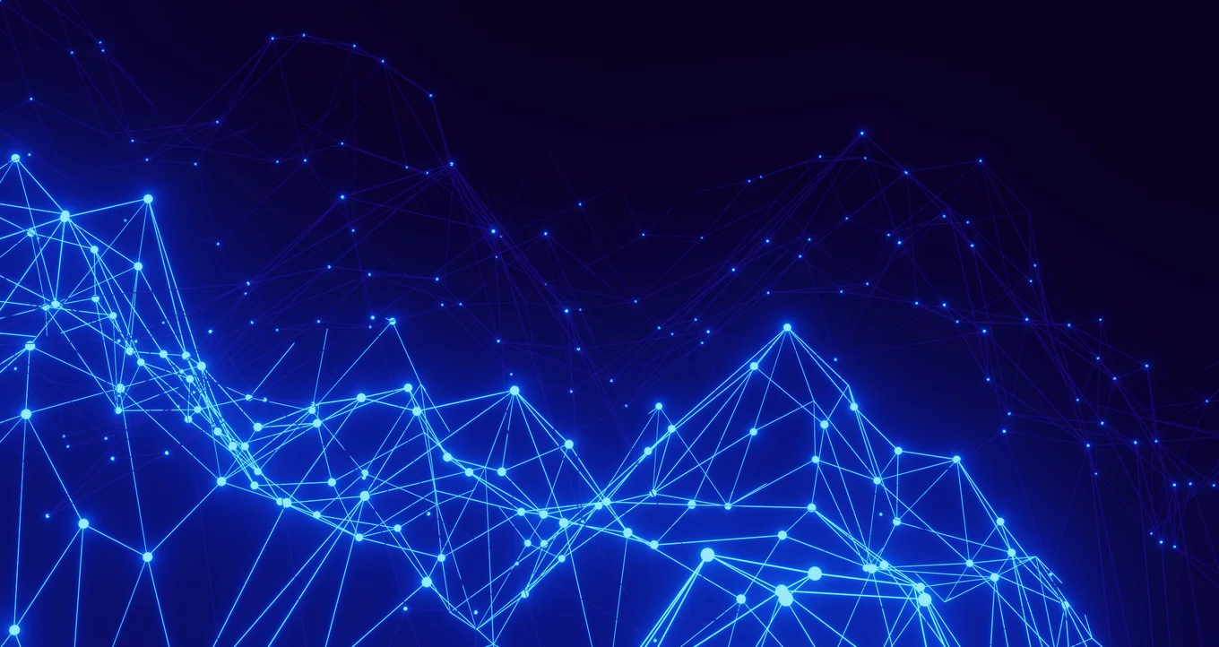 Blue network lines and dots on dark background.